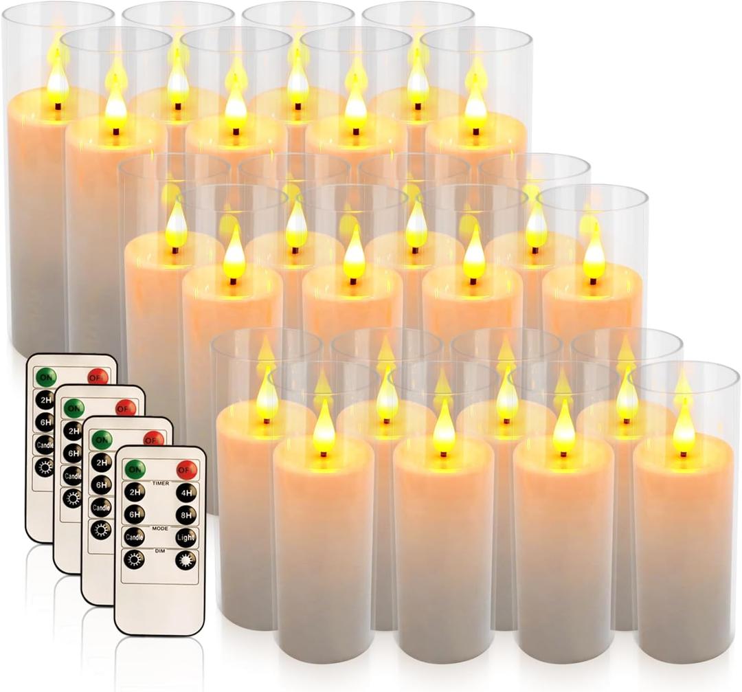 24-Pack Premium Flameless LED Candles - Elegant White & Clear Acrylic Pillar Design with Realistic Flickering Flame, Remote Control & Timer for Weddings, Christmas, Halloween & Home Decor