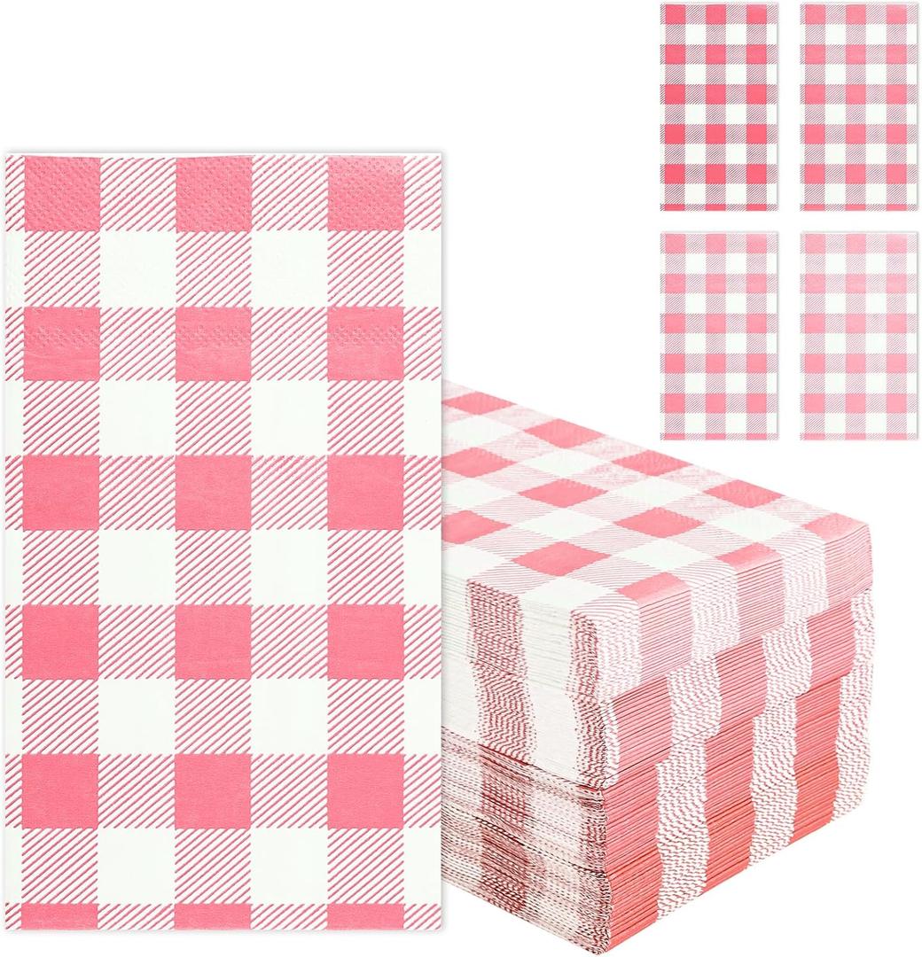 Pink Gingham Napkins Disposable Rectangle: 100PCS Checkered Paper 15.7x11.8 Inch for Dinner Party