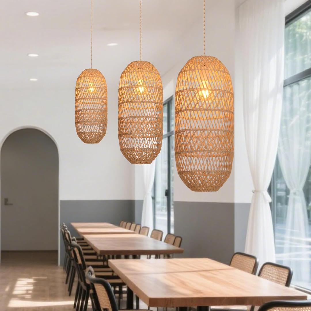 Rattan Pendant Light FixtureFarmhouse Chandelier Boho Handmade Rattan Hanging Ceiling Lamp Shade, Rustic Cottage Hand Woven Lampshade for Kitchen Island, Living Room, Bedroom, Hallway, Bar, 9.84" W x 23.2" H
