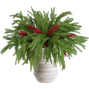 12pcs Christmas Norfolk Pine Branch with Berry Set, 18 Inches Artificial Norfolk Branch 6pack, Faux Berry Stem 6pack,Fake stem Greenery Pine Picks for Indoor Home Vase DIY Outdoor Wreath Decoration