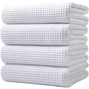 POLYTE 430 GSM Microfiber Oversize Quick Dry Lint Free Bath Towel, 60 x 30 in, 4 Pack (Waffle Weave) (White)