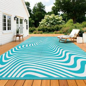 Vaukki Waterproof Outdoor Rug 9x12 Teal Striped Patio Mat
