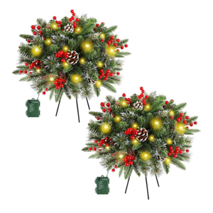2 Pack Pre-Lit Christmas Tree Urn Filler, Lighted Artificial Xmas Pine Trees with Tripod Stake, Battery Powered Outdoor Light up Planter Filler Festival Holiday Decor for Porch, Driveway, Yard