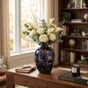 Ceramic Flower Vase, Vintage Ice Crackle Glaze Porcelain Vase for Flower Arrangement, Chinoiserie Style Rustic Farmhouse Vase for Home Table Bookshelf Kitchen Living Room Balcony, 10.5 Inch BlueGold