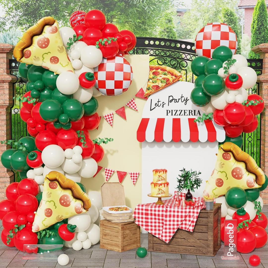 PageebO Pizza Party Decorations150PCS Red Green Ivory White Balloons with Pizza Checkered Balloons for Pizza Party Favors BBQ Picnic Birthday Party Decorations Slice Slice Baby Shower Home Decor