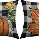 Fall Thanksgiving Pillow Covers 18X18 Set of 2, Pumpkin Maple Leaf Autumn Harvest Print Buffalo Plaid Decorative Throw Pillow Covers Outdoor Farmhouse Seasonal Cushion Cases Couch Sofa Bed Decor (Burnt Orange Black-plaid)