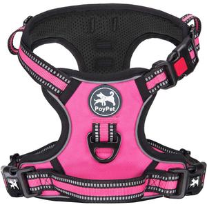 PoyPet No Pull Dog Harness, [Release on Neck] Reflective Adjustable No Choke Pet Vest with Front & Back 2 Leash Attachments, Soft Control Training Handle for Small Medium Large Dogs(Pink,M)