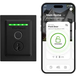 Kwikset Halo Touch Fingerprint Wi-Fi Smart Lock, Keyless Entry Door Low Profile Deadbolt, Geofence Auto-Unlock, Grade AAA Certified, No Hub Easy Install, Matte Black, Square