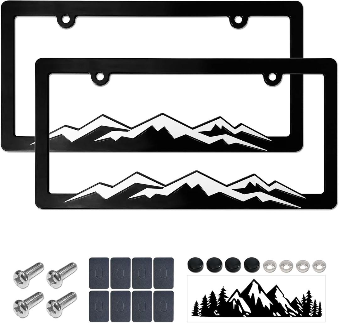 Mountain License Plate Frames- White on Black 3D Mountain Raised, ABS Plastic Car Tag Holder | Includes Rust-Proof Screws, Caps & Free Vinyl Decal Sticker