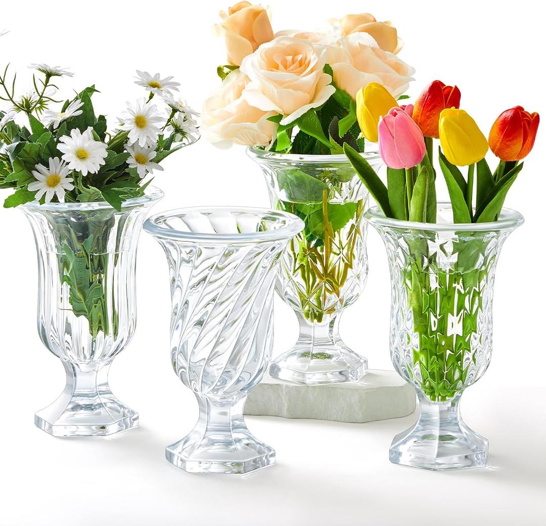 4 Pcs Flower Vase for Centerpieces (H: 7" W: 4") Pedestal Vintage Embossed Big Base Vase Crystal Thickened Glass Containers Bulk for Wedding Table Decorations Centerpieces (Vintage Style)