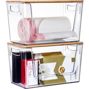 2 Pack Trash Bag Holder Dispenser, Extra Large Garbage Bags Holder, Stackable Trash Bag Holder with Bamboo Top for Laundry Room & Under Sink