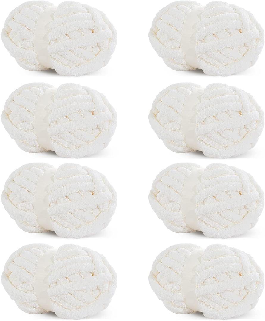 HOMBYS White Chunky Chenille Yarn for Crocheting, Bulky Thick Fluffy Yarn for Knitting, Super Bulky Chunky Yarn for Hand Knitting Blanket, Soft Plush Yarn, 8 Jumbo Pack (27 yds,8 oz Each Skein) (Cream)