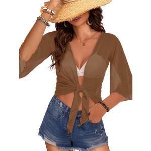 Women's Short Cardigan Bolero Shrug Sheer Tie Front Top 3/4 Sleeve Jacket for Dress 2026 (Large, Khaki)