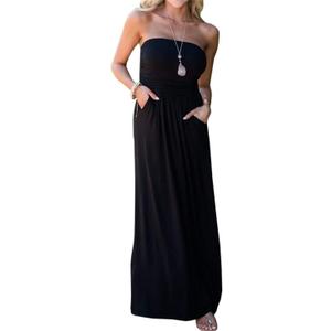 PRIMODA Womens Strapless Tube Top Maxi Dress Floral Boho Beach Dress with Pockets, Small, Black