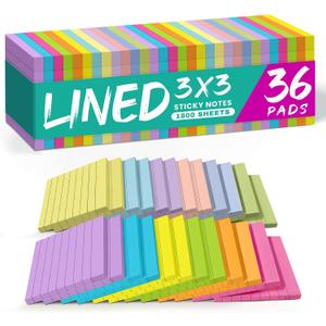 Lined Sticky Notes, 3x3 Inches, 36 pad, Self-Stick Note Pads for Office, Study & Daily Organization, Ideal for Notes and Reminders - Bright