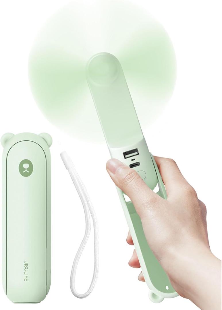 JISULIFE Handheld Fan with 4500 mAh Powerbank Max 37 Hours Runtime, Pocket Portable Battery Operated or USB Powered Folding Personal Fan, 3 Speeds, Gifts for Women Men Kids Gift for Festival-Green