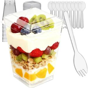 100pcs Clear Dessert Cups with Lids and Spoons, 5.4oz Mini Dessert Cups Reusable Square Parfait Cup for Party Appertizer, Christmas