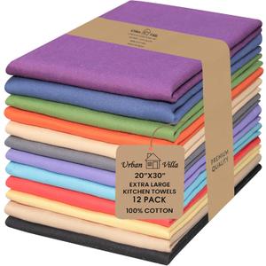 Urban Villa Kitchen Towels 100% Cotton Dish Towels for Kitchen(Set of 12)20x30 Dish Cloths Highly Absorbent Kitchen Linen Set with Hanging Loop Perfect for Drying Dishes Cleaning Hand Towels Multi