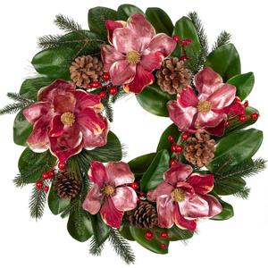 Briful 24in Christmas Magnolia Flower Wreath for Front Door Artificial Red Magnolia Floral Wreath with Pine Cones Berries Outdoor Christmas Wreath for Xmas Home Room Wall Window Mantle Decor