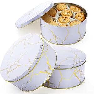 Yopay 3 Pack Cookie Tins with Lids, Round Gift Boxes for Toffee, Marbled Easter Baking Cake Containers for Valentines Gift Giving Puff Pastries Craft Supplies Metal Canister