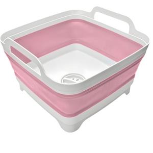 Collapsible Wash Basin 9L, Foldable Dish Tub with Drain Plug, Portable Collapsible Dish Basin, Camping Sink for Washing Dishes, Laundry & Kitchen Use (Pink)