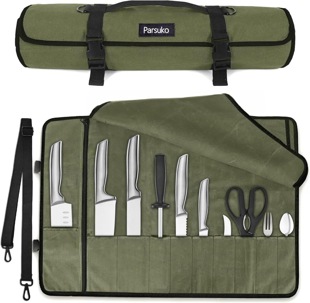 Chef Knife Roll Bag,Waterproof Waxed Canvas Knife Case Holds,Knives Roll Bags for Chefs Professional with Adjustable Strap,Chef Backpack with 10 Knife Slots and a Large Zippered Pocket (Green)