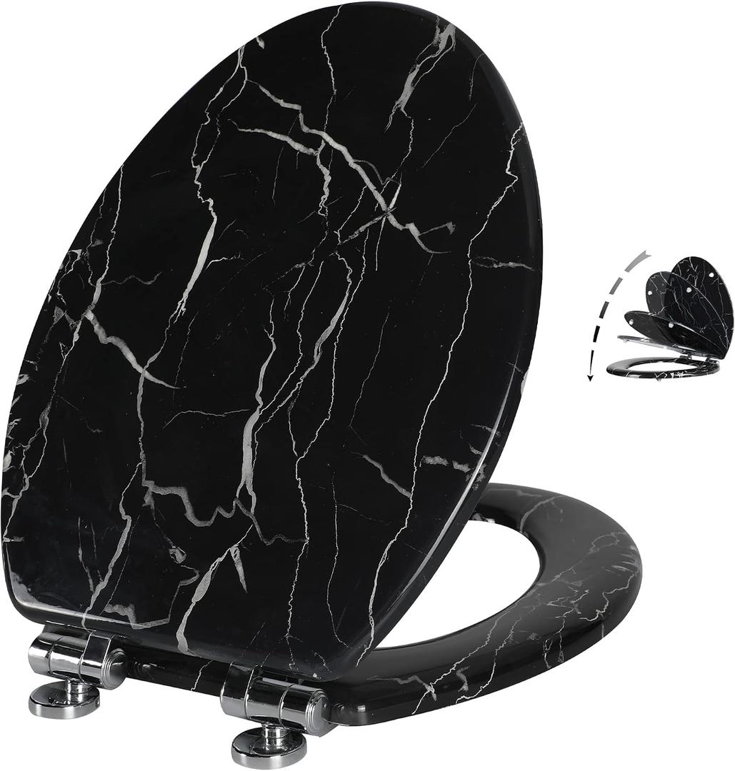 Angel Shield Marble Toilet Seat Durable Molded Wood with Quiet Close,Easy CleanQuick-Release Hinges (Elongated,Black Marble)