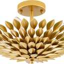 TOCHIC Flush Mount Ceiling Light Fixture, 4 Lights Farmhouse Chandelier for Dining Living Room, Modern Gold Leaf Light Fixture Semi Flush Ceiling Mount for Foyer, Hallway, Bedroom, W 15.75"