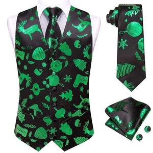 Hi-Tie Black Green Reindeer Christmas Vest and Tie Set For Mens Print Shiny Suit Waistcoat Necktie Xmas Holiday Party Tuxedo Vest, XXL