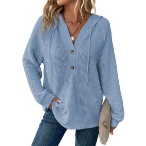 Dokotoo Hoodies for Women Waffle Knit Long Sleeve Drawstring Button V Neck Casual Pullover Sweatshirt Hooded Tops (Blue), 

X-Large