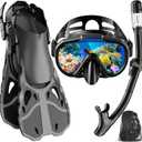 Snorkel Set with Fins for Adults, Snorkeling Gear for Adults Men and Women, Snorkle, Mask Set Adults Dry Top Snorkel Mask Combo Set with Travel Bag for Snorkeling, Diving, Swimming (Small-Medium, Black)