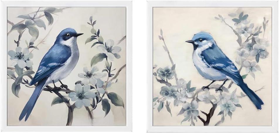 Bird Pictures Wall Decor white Framed Blue Bird Pictures Wall Decor Set of 2 Pictures with Branches and Birds Decor for Kitchen Bedroom (12"X12"X 2 Panel) Unframed