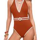 Finesatile Bathing Suit for Women Tummy Control Deep V Neck One Piece Swimsuit Sexy Open Back Ribbed Ladies Swimwear Red L