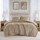 Madison Park King Comforter Set Reversible Faux-Fur Plush Comforters for King Size Bed, All Season Luxurious Ribbed Velvet Comforters King Size Bedding Set, Jasmine, King, Taupe 3 Piece
