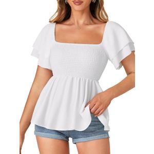 LYANER Womens Square Neck Smocked Peplum Top Ruffle Short Sleeve Babydoll Shirred Blouse (X-Small, White)