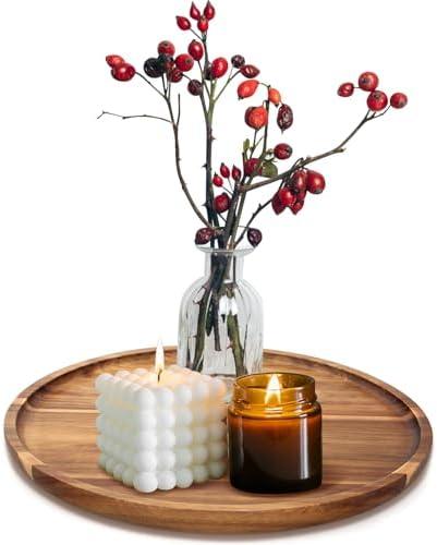 Acacia Round Wood Tray Decorative Serving Trays for Ottoman Coffee Table Candle Holder Tray Kitchen Counter Island Accents Home Decor Circle Circular Wood Centerpiece Trays for Dining Room Table