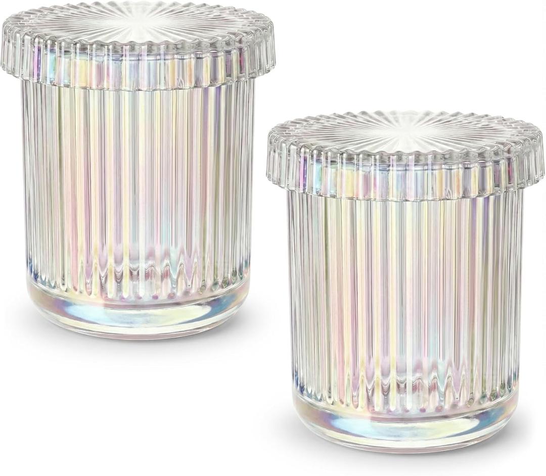 2 Pack Qtip Holder - Apothecary Jars with Lids, Bathroom Organizers and Storage Canister for Cotton Balls,Swabs,Floss Picks,Hair Ties,Clear Glass Vintage Bathroom Decor Jar Set (Iridescent)