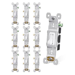 AIDA 15 Amp Single Pole Quiet Indoor Toggle Switch Self-Grounding ON Off, Residential Grade, UL Listed, Quickwire Push-in & Side Wired (White, 10 Pack)
