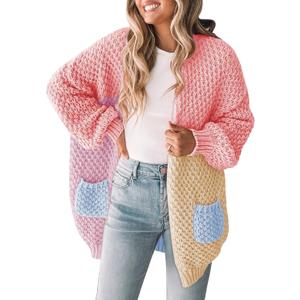 Pink Queen Women 2026 Fall Oversized Sweaters Cardigan Lantern Sleeve Chunky Knit Outwear Coats with Pockets