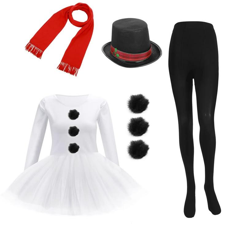 Hillban Snowman Costume for Women Kit Frosty Costume Tutu Skirt Opaque Tights Red Scarf and Snowman Top Hat for Cosplay Party, L