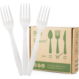 Compostable Fork,100 Biodegradable Silverware for Party,Large Disposable Utensils Eco Friendly Durable and Heat Resistant,Alternative to Plastic Fork