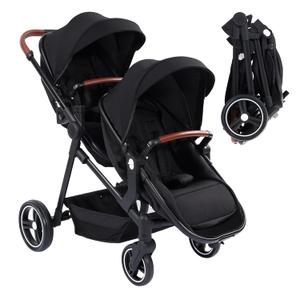 GAOMON Double Stroller Track Tandem Stroller for Infant and Toddler, Foldable Pushchair Bassinet Pram, Multi-Position Reversible & Adjustable Backrest, Large Storage Basket and Canopy (Black)