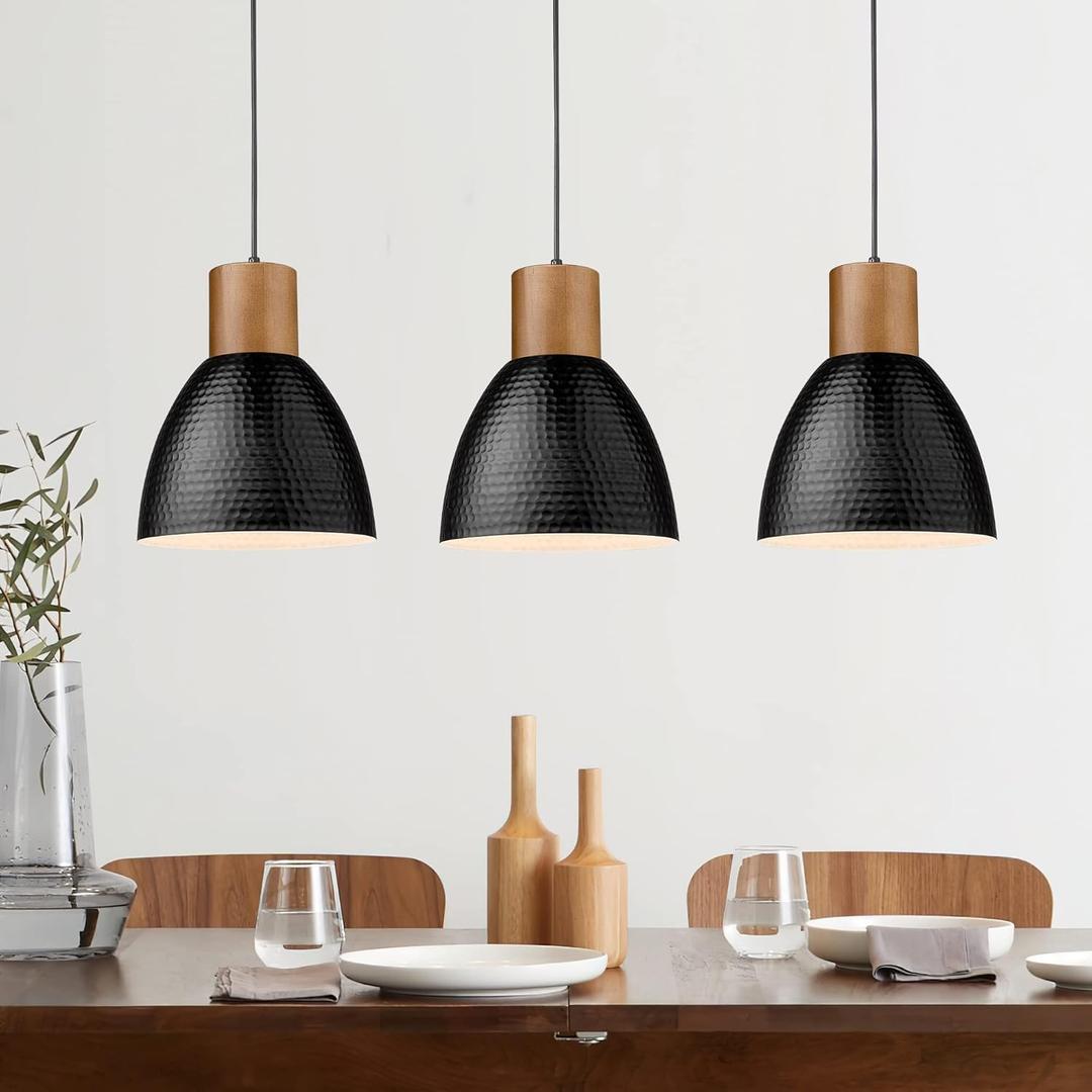 ELYONA 3 Pack Hammered Pendant Lights for Kitchen Island 7 Small Metal Solid Wood Hanging Light Fixtures Adjustable Height Farmhouse Pendant Lighting for Dining Room Bedroom Bar Office, Modern Black