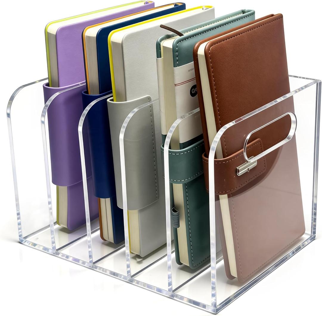 Acrylic Magazine File Holder, 5 Vertical Compartments Desk Document Sorter Organizer, Clear Folder Rack Binder for Office/Documents/Classroom, for Home, Tablet, Magazines, Books & Accessories