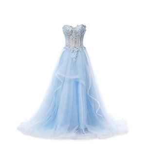 WOWBRIDAL Women's Blue Lace Symmetrical Peplum Long Prom Dress (Size: Medium)