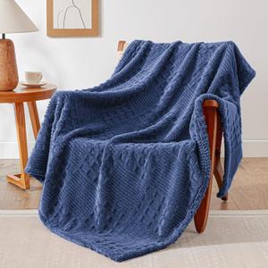 EXQ Home Fleece Throw Blanket for Couch or Bed - 3D Waffle Patchwork Pattern Jacquard Decorative Blankets - Cozy Soft Lightweight Fuzzy Flannel Blanket Suitable for All Seasons(50"60",Dark Blue)