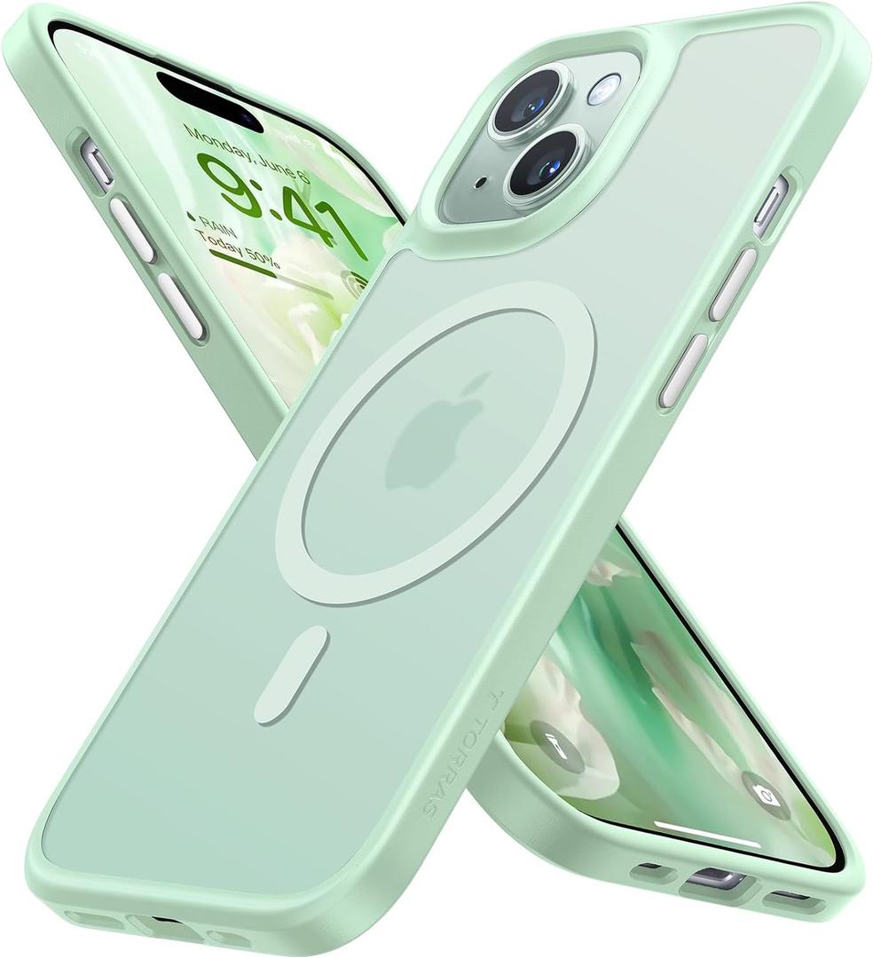 TORRAS Magnetic Case for iPhone 14/15, Compatible with MagSafe, Military Grade Drop Tested, Shockproof Hard Back Soft Edge Slim Protective Case, Green (iPhone 14/15 Case 6.1 inch, 2 Cameras, 5 Green)