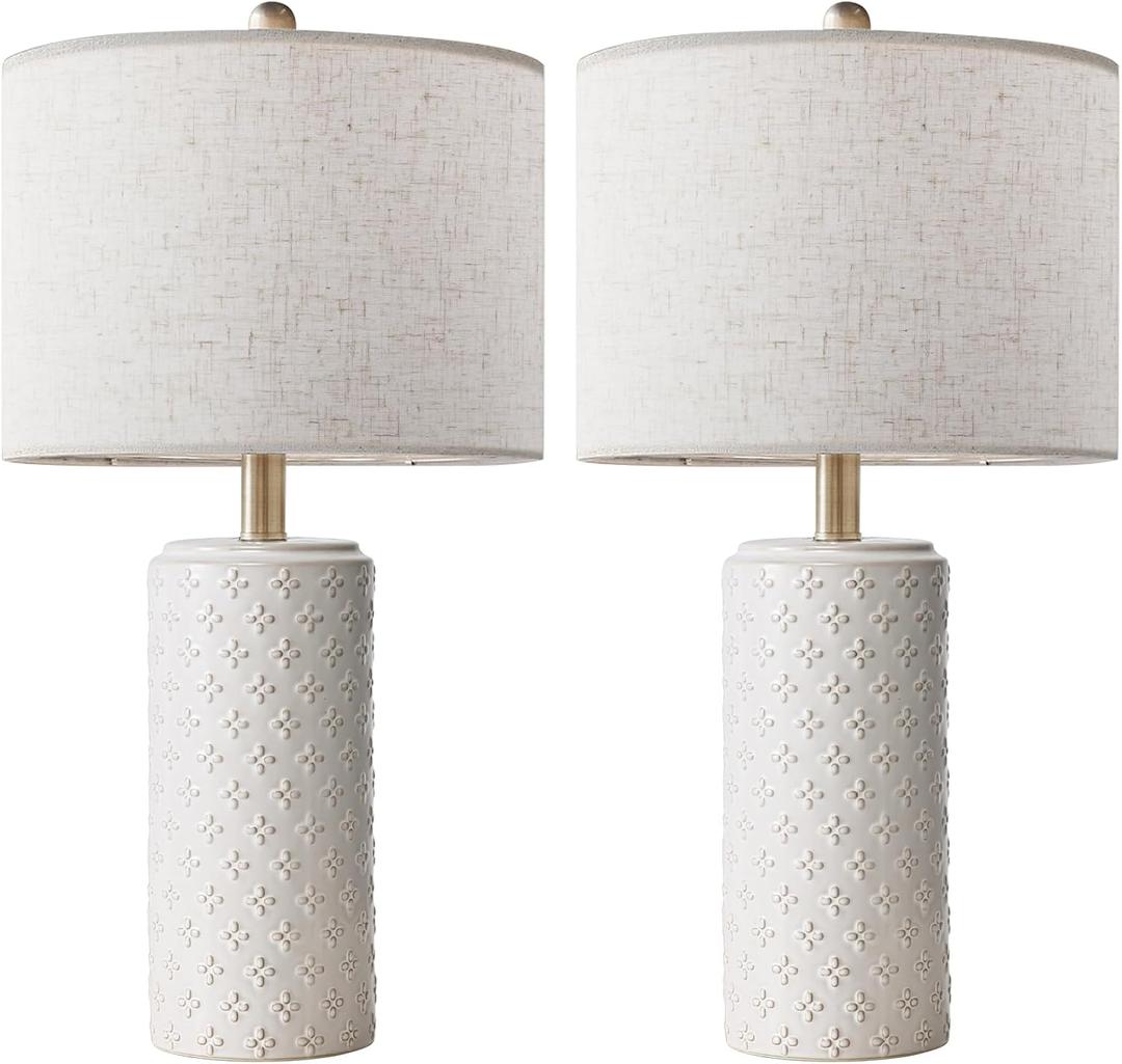 23 Inch Ceramic Table Lamp Set of 2, 3-Way Dimmable Modern White Bedside Lamps with Linen Shade for Bedroom, Nightstand Lamps for Living Room End Table Office, Polished Finish, LED Bulb