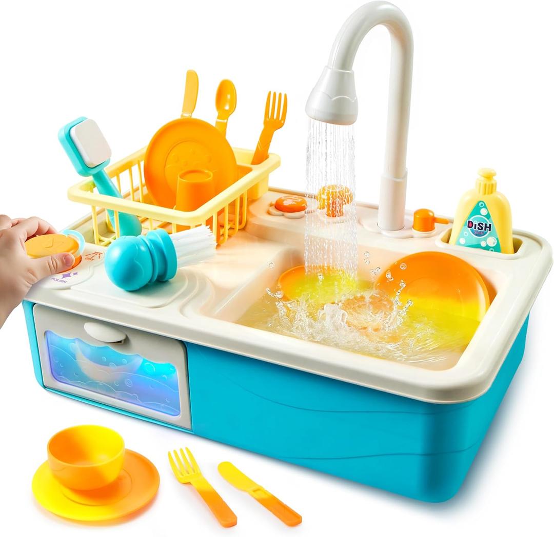 Color Changing Play Sink with Running Water, Kids Sink Toy with Electric Dishwasher, Chopping Sounds and Automatic Water Cycle System, Pretend Play Kitchen Sink for Toddler Birthday Gift for Christmas (Blue)