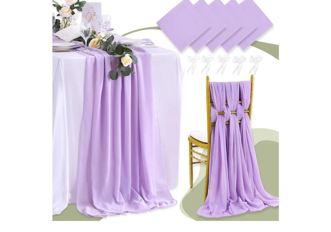 5 Pieces 10Ft Wedding Table Runner Light Purple Chiffon Table Runners Sheer Wedding Arch Overlay Fabric for Birthday Bridal Party Decorations